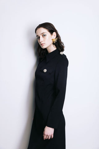 Fitted Long Sleeve Dress With Stand-Up Collar Black