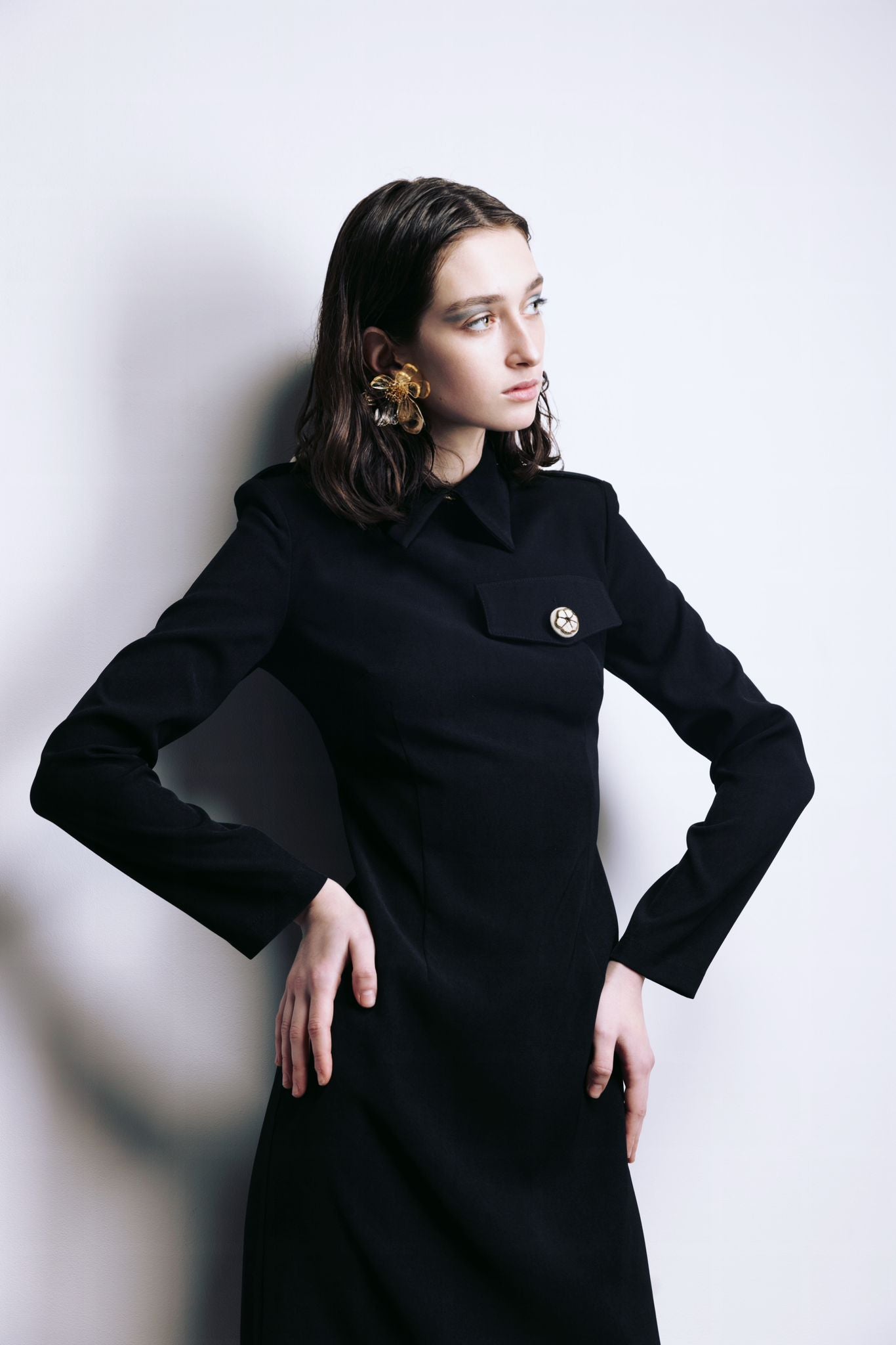 Fitted Long Sleeve Dress With Stand-Up Collar Black S Fitted Long Sleeve Dress With Stand-Up Collar Black S