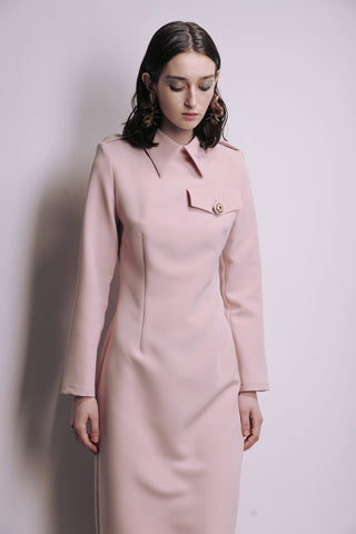 Fitted Long Sleeve Dress With Stand-Up Collar Pale Pink