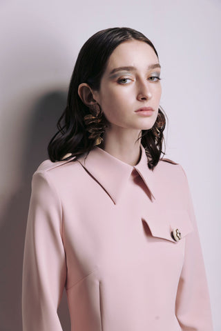 Fitted Long Sleeve Dress With Stand-Up Collar Pale Pink