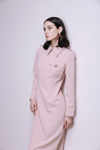 Fitted Long Sleeve Dress With Stand-Up Collar Pale Pink