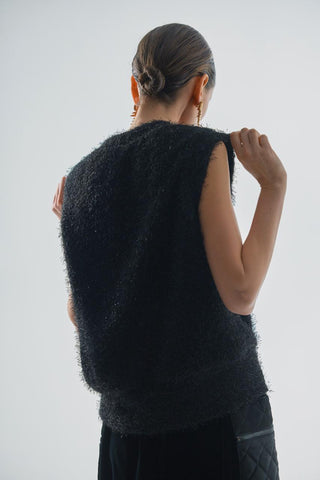 Oversized Crew Neck Knit Vest Black