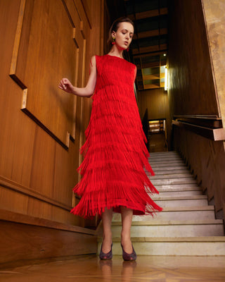 Maxi Fringed Evening Dress Red