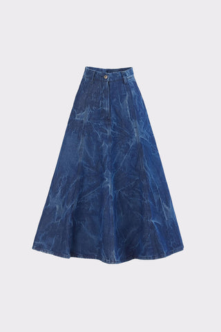 A-Line Flare Pleated Denim Skirt Blue