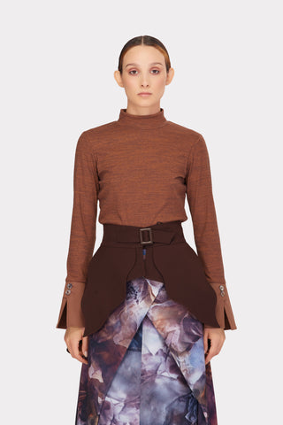 Warm Top With Cuffed Sleeves Melange Brown