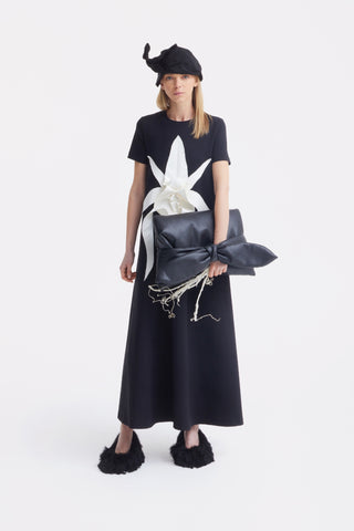 Ankle-Length Knit Dress With Flower Detail - Black