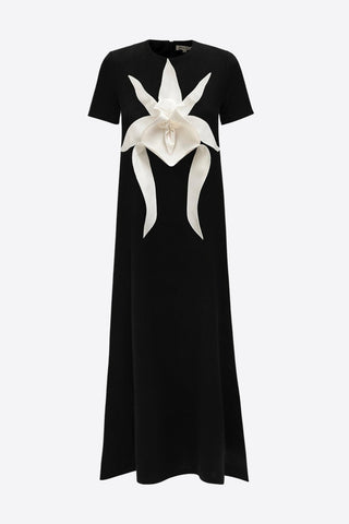Ankle-Length Knit Dress With Flower Detail - Black - Julia Allert