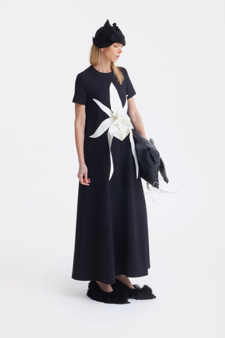 Ankle-Length Knit Dress With Flower Detail - Black