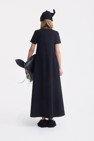 Ankle-Length Knit Dress With Flower Detail - Black