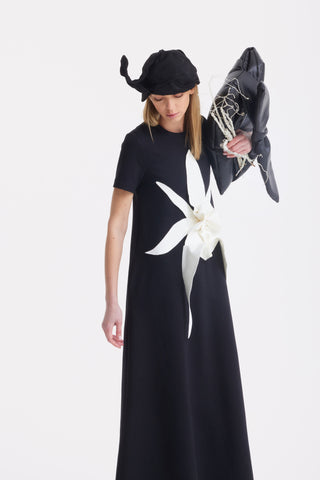 Ankle-Length Knit Dress With Flower Detail - Black