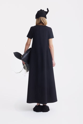Ankle-Length Knit Dress With Flower Detail - Black - Julia Allert