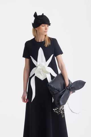 Ankle-Length Knit Dress With Flower Detail - Black