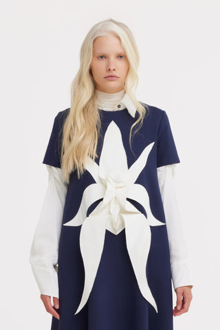 Ankle-Length Knit Dress With Flower Detail - Dark Blue - Julia Allert