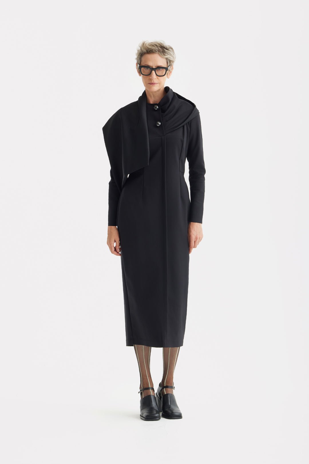 Architectural Cape Sheath Midi Dress Black