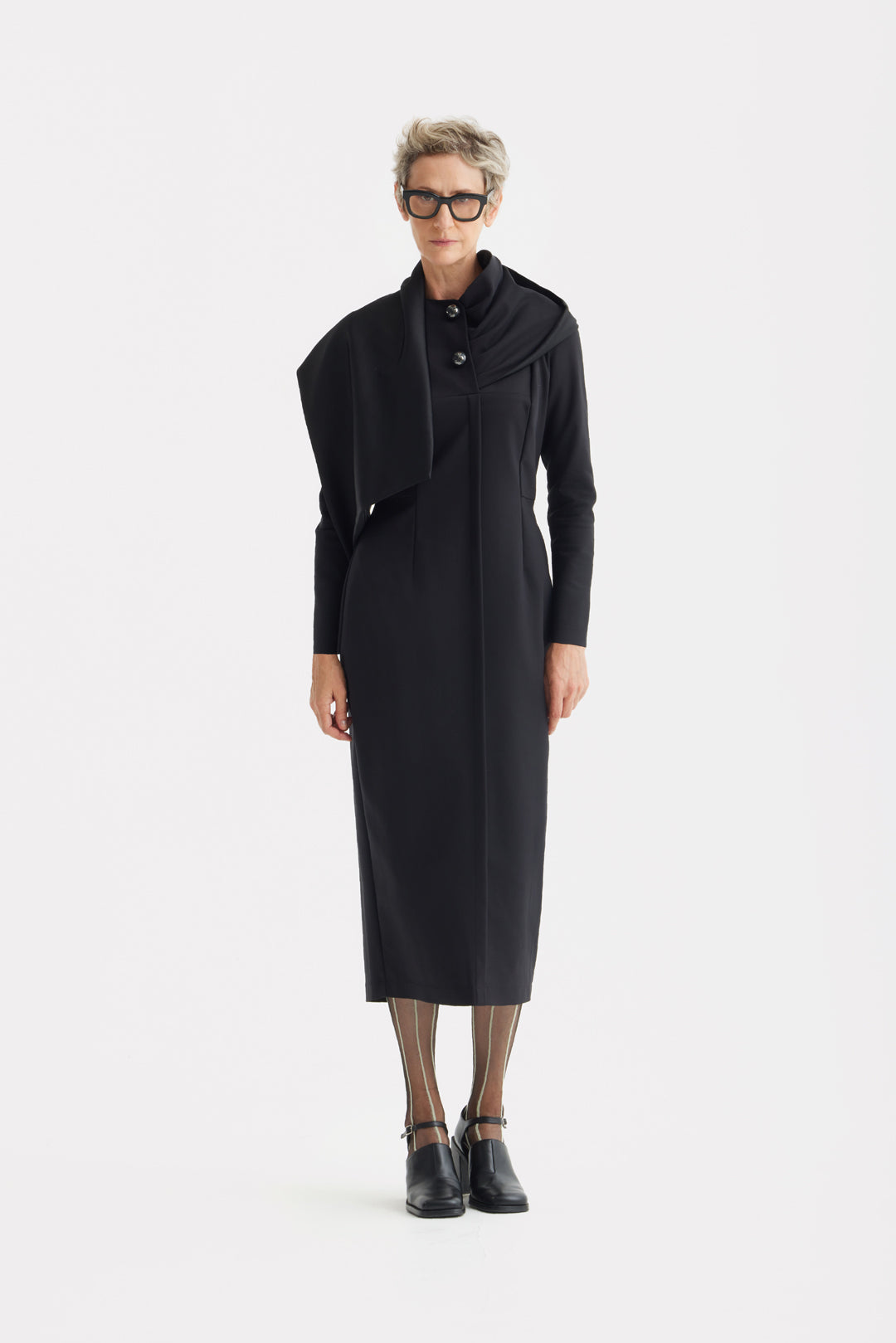 Architectural Cape Sheath Midi Dress Black M Architectural Cape Sheath Midi Dress Black M