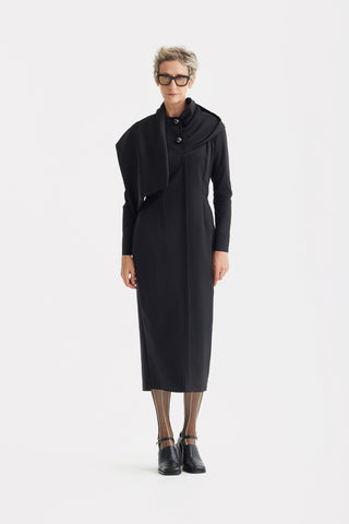 Architectural Cape Sheath Midi Dress Black
