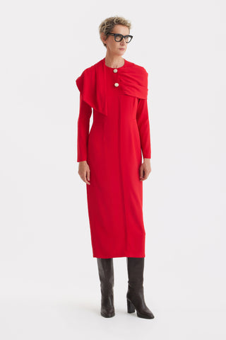 Architectural Cape Sheath Midi Dress Red