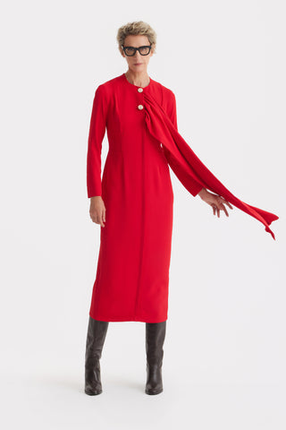 Architectural Cape Sheath Midi Dress Red