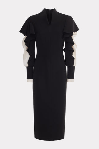 Architectural Ruffle-Sleeve Midi Dress – Black & Ivory