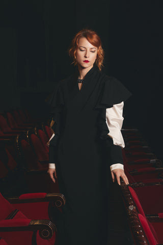 Architectural Ruffle-Sleeve Midi Dress – Black & Ivory