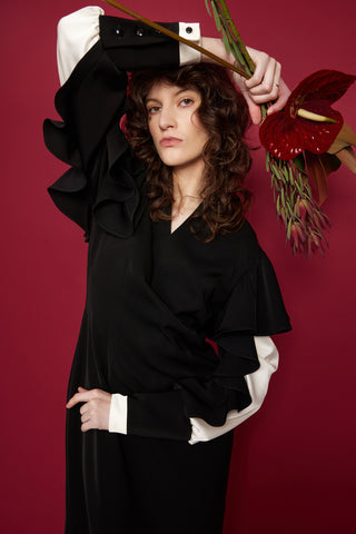 Architectural Ruffle-Sleeve Midi Dress – Black & Ivory