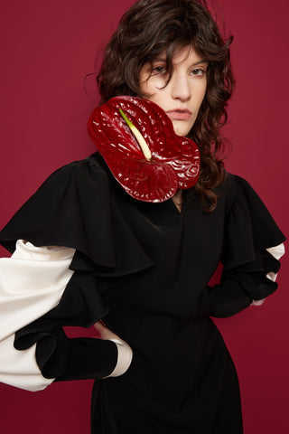 Architectural Ruffle-Sleeve Midi Dress – Black & Ivory