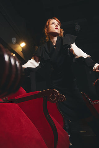 Architectural Ruffle-Sleeve Midi Dress – Black & Ivory