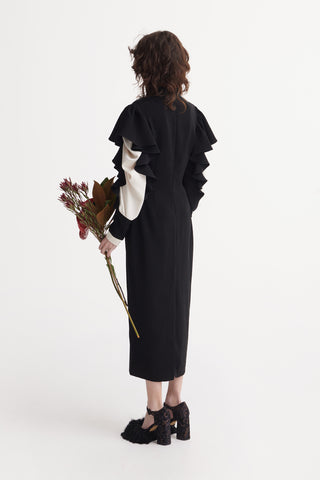 Architectural Ruffle-Sleeve Midi Dress – Black & Ivory