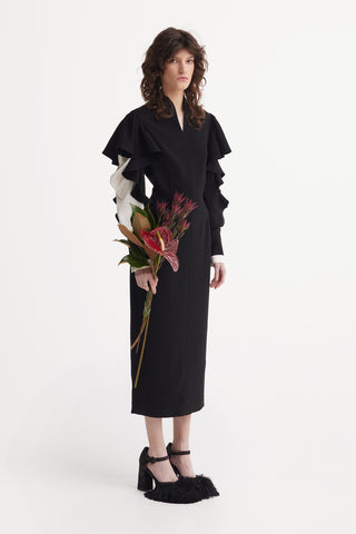Architectural Ruffle-Sleeve Midi Dress – Black & Ivory