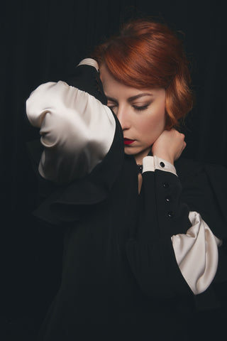 Architectural Ruffle-Sleeve Midi Dress – Black & Ivory