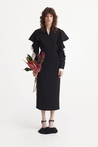 Architectural Ruffle-Sleeve Midi Dress – Black & Ivory