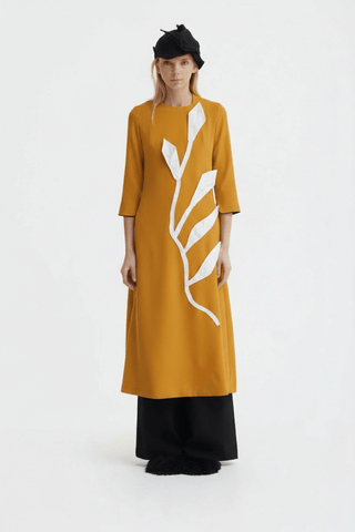 Art-Inspired Semi-Fitted Three-Quarter Sleeves Dress - Mustard - Julia Allert