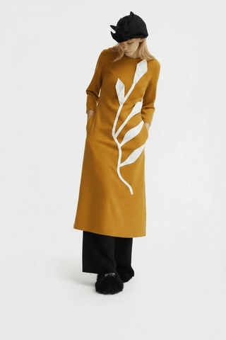 Art-Inspired Semi-Fitted Three-Quarter Sleeves Dress - Mustard - Julia Allert