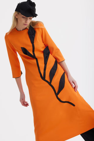 Art-Inspired Semi-Fitted Three-Quarter Sleeves Dress – Orange