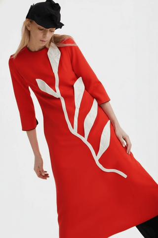 Art-Inspired Semi-Fitted Three-Quarter Sleeves Dress - Red - Julia Allert