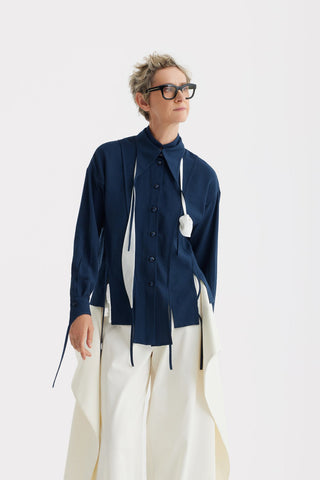 Artistic Asymmetric Textured Viscose Blouse - Navy - Julia Allert