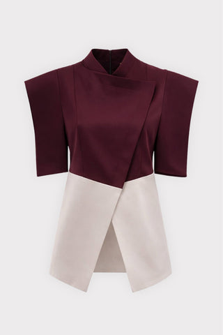 Asymmetric Colour Block Top – Burgundy & Beige - Julia Allert