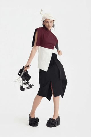 Asymmetric Colour Block Top – Burgundy & Beige - Julia Allert