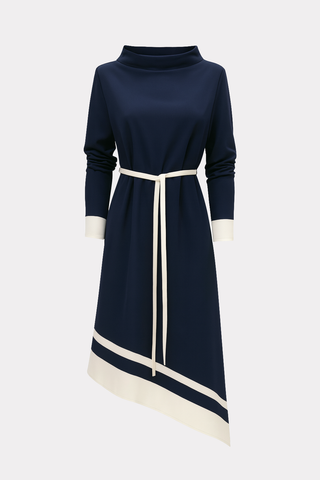 Asymmetric Midi Dress With Belt & Long Sleeves - Navy Ivory