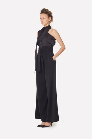 Asymmetrical Satin Top With Choker Collar Black