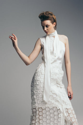 Asymmetrical Satin Top With Choker Collar Ivory - Julia Allert