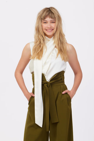 Asymmetrical Satin Top With Choker Collar Ivory - Julia Allert