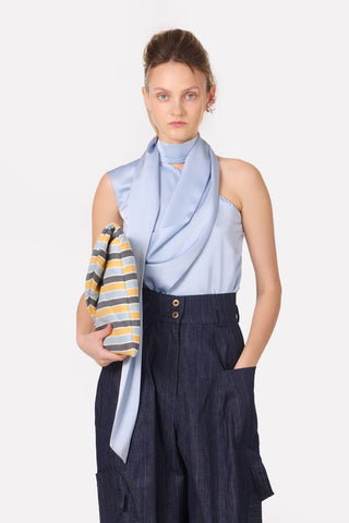 Asymmetrical Satin Top With Choker Collar Light Blue - Julia Allert