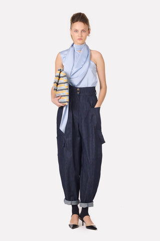 Asymmetrical Satin Top With Choker Collar Light Blue - Julia Allert