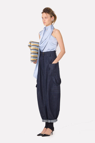 Asymmetrical Satin Top With Choker Collar Light Blue - Julia Allert