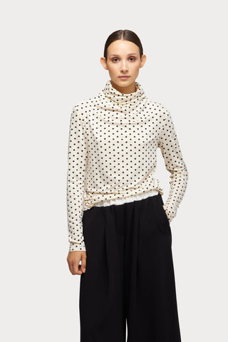 Basic Long Sleeve Top Polka Dot Beige