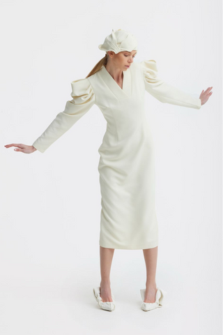 Crepe Midi Dress With Statement Sleeves – Ivory