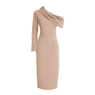 One Shoulder Cowl-Neck Midi Dress Beige