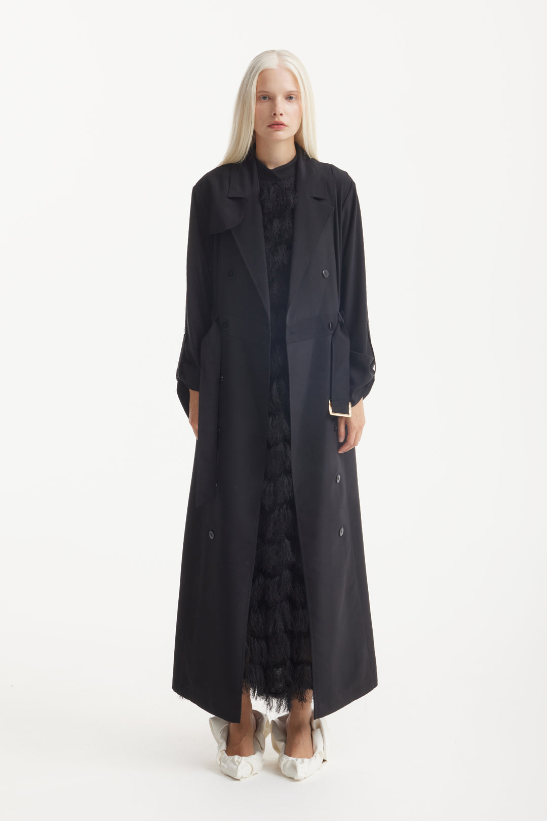 Belted Double-Breasted Trench Dress Black M Belted Double-Breasted Trench Dress Black M