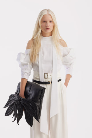 Belted High-Waist Balloon-Leg Pants - White - Julia Allert